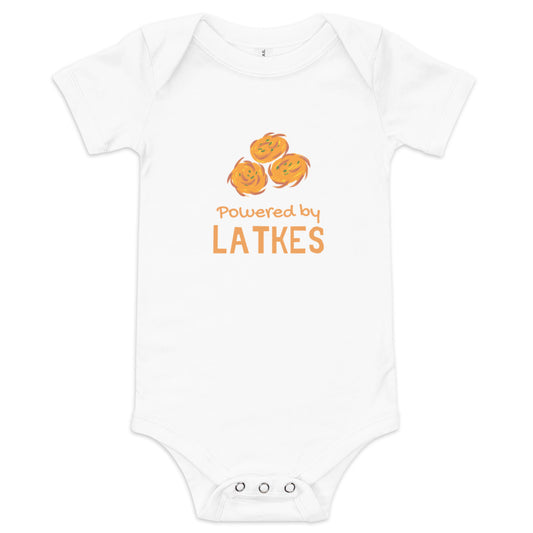 Baby short sleeve one piece "Powered by Latkes"