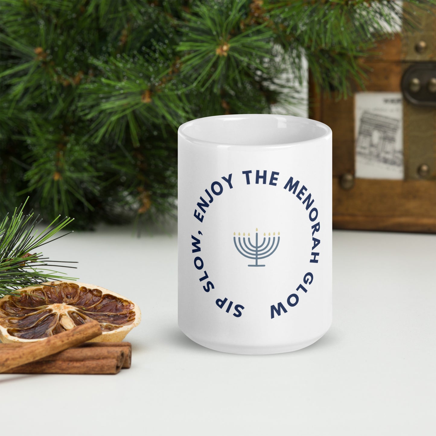 Chanukah mug "Sip Slow, Enjoy The Menorah Glow"